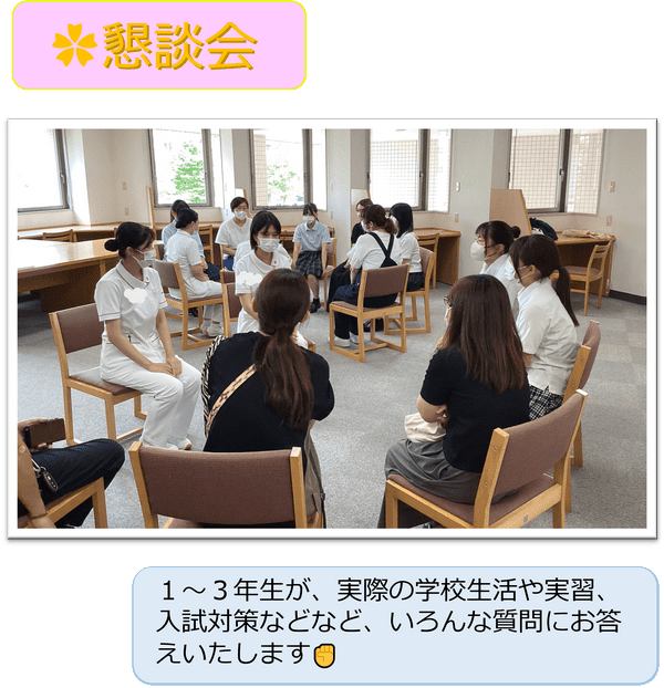 懇談会１～３年生が、実際の学校生活や実習、入試対策などなど、いろんな質問にお答えいたします。