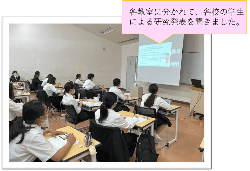 各教室に分かれて、各校の学生による研究発表を聞きました。