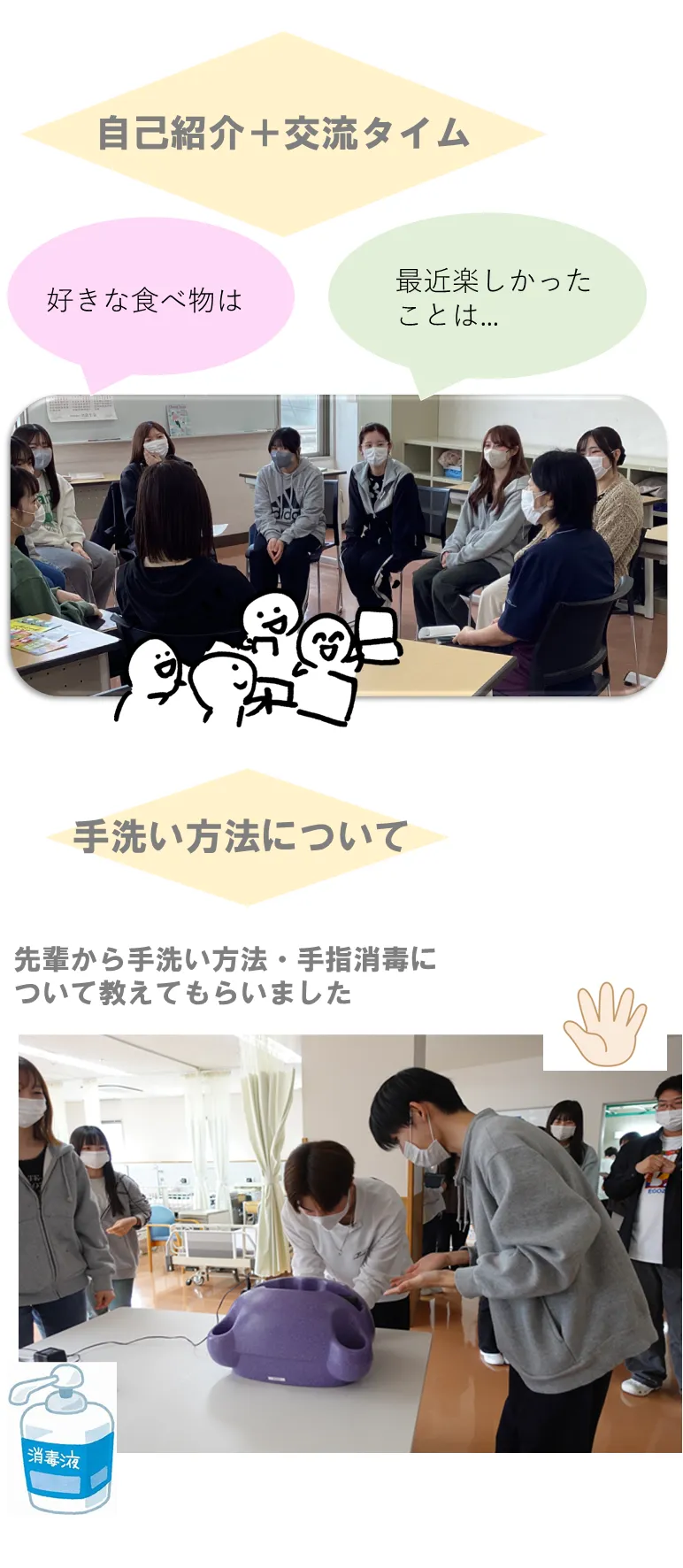 自己紹介＋交流タイム・・・先輩から手洗い方法・手指消毒に ついて教えてもらいました