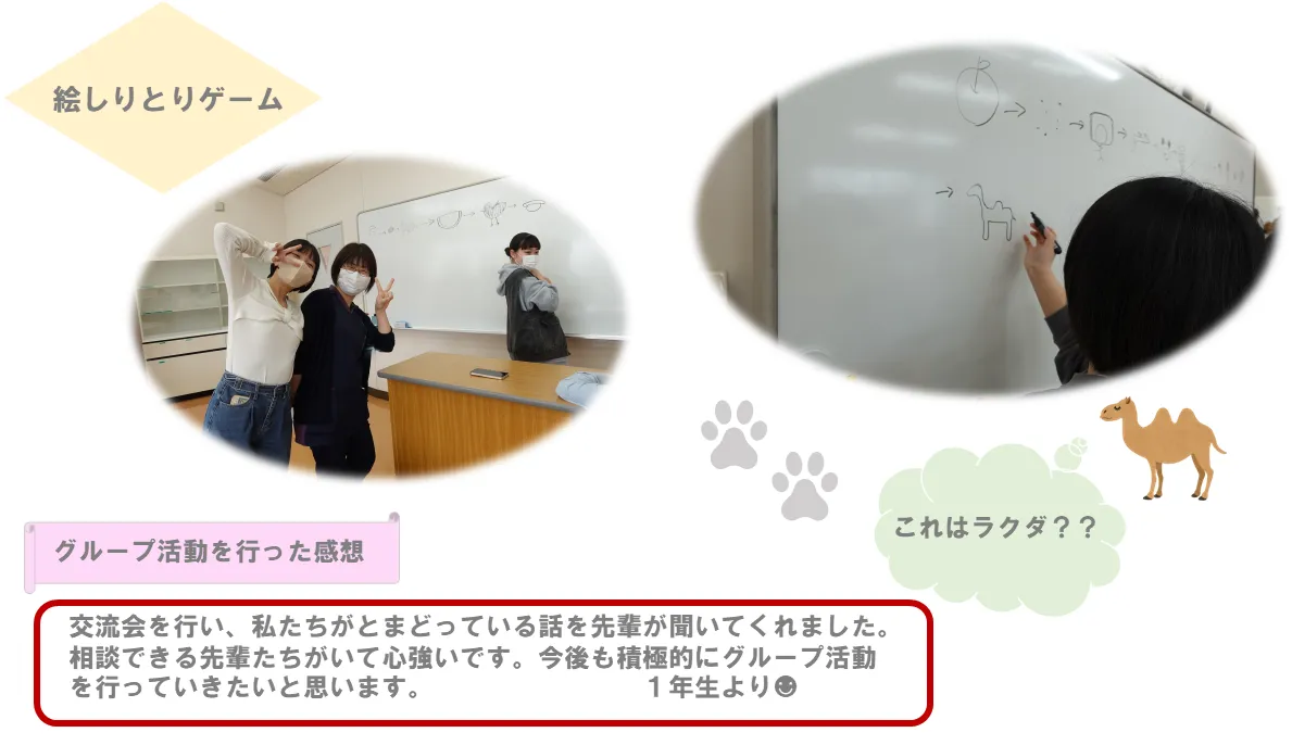 交流会を行い、私たちがとまどっている話を先輩が聞いてくれました。相談できる先輩たちがいて心強いです。今後も積極的にグループ活動を行っていきたいと思います。１年生より☻