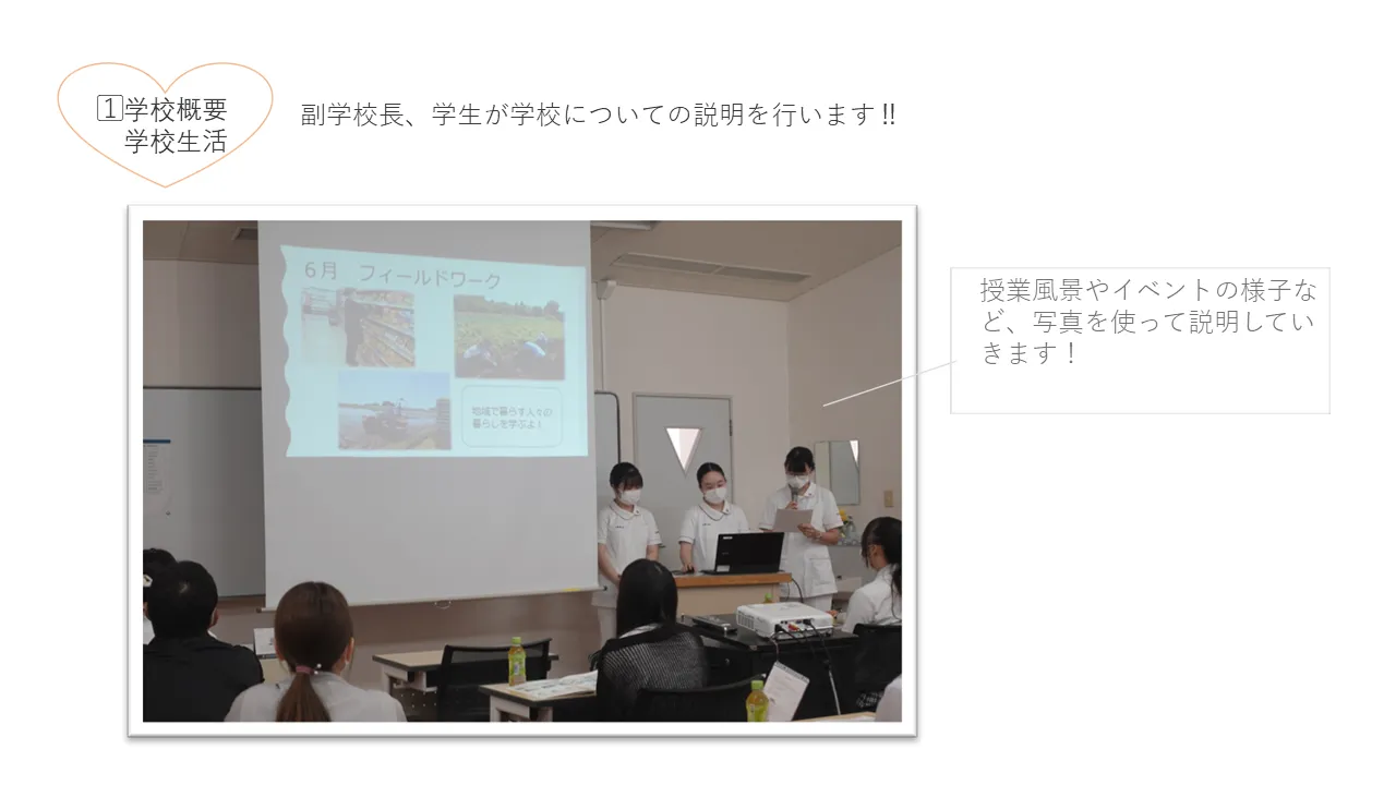 授業風景やイベントの様子など、写真を使って説明していきます！