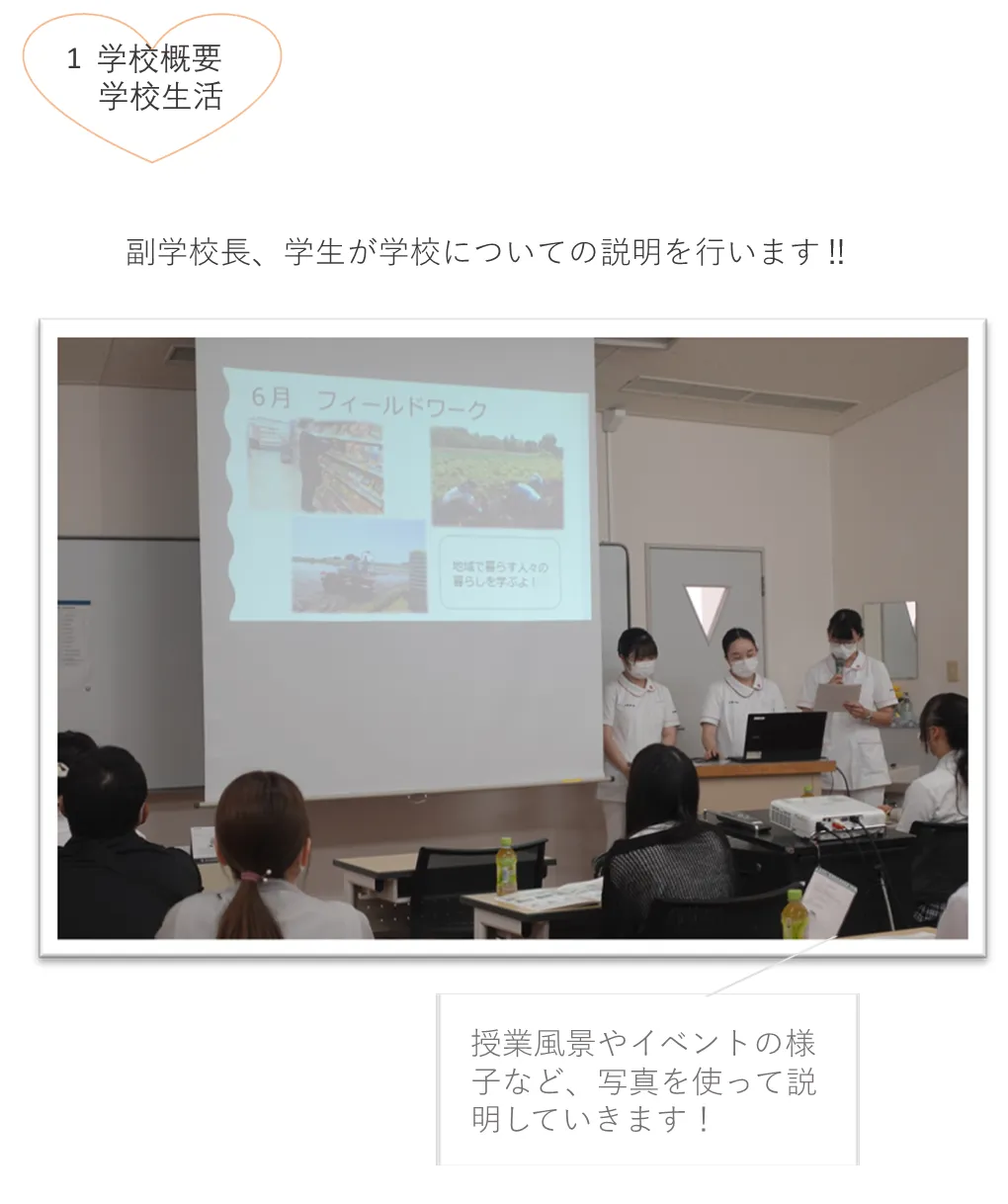 授業風景やイベントの様子など、写真を使って説明していきます！