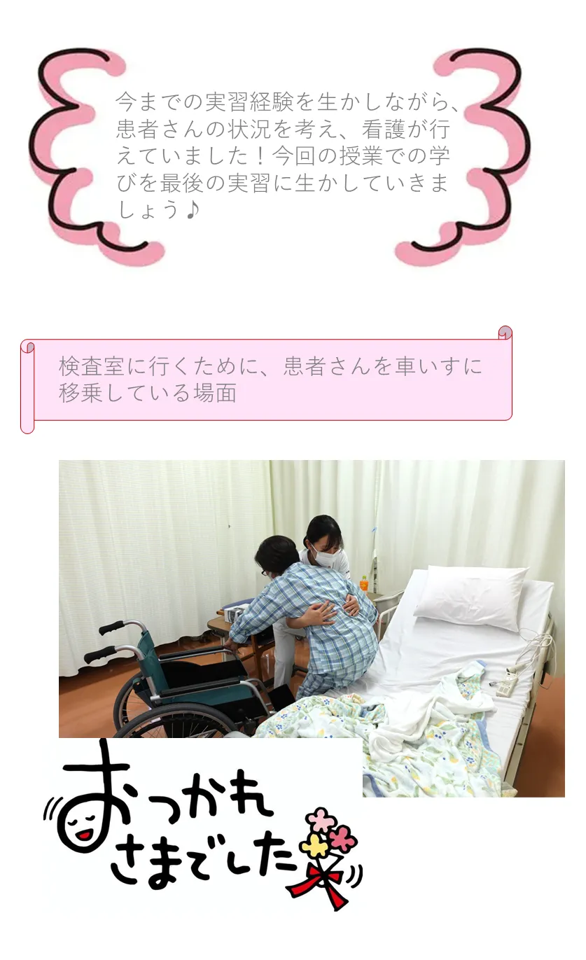 検査室に行くために、患者さんを車いすに 移乗している場面